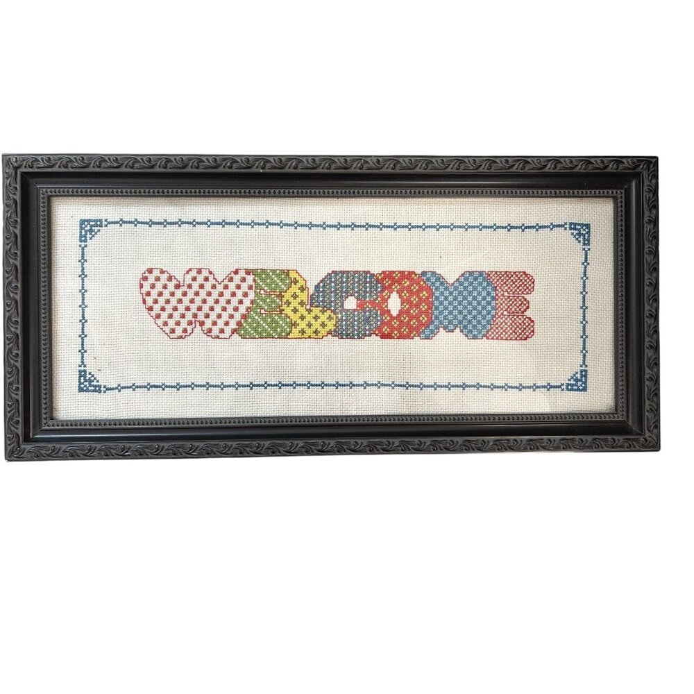Hand-Stitched Welcome Sign With Patchwork Design In‎ Black Ornate Frame Rustic